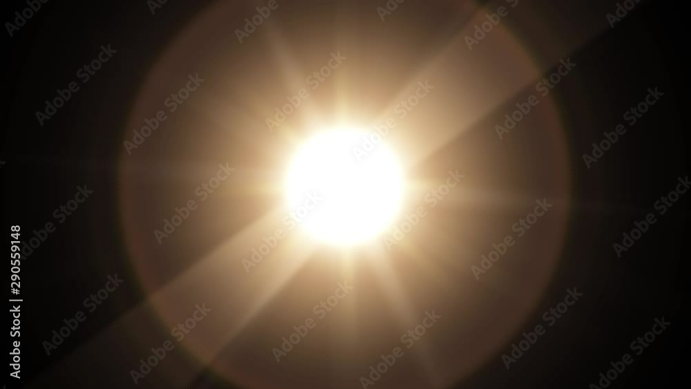 Bright light with flickering rays and lens flare halo appearing and dissappearing while moving by curved trajectory and spinning on black background