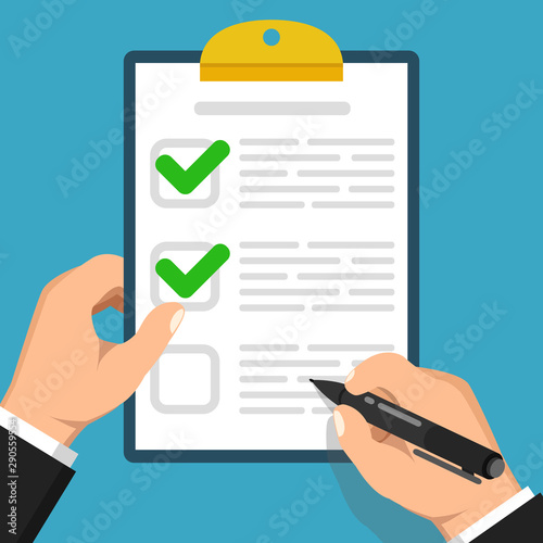 Hand with black pen and clipboard with green checklist. Fill form concept. Vector illustration.