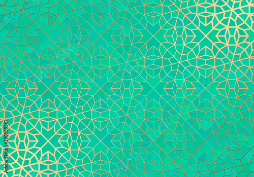 Abstract background with islamic ornament, arabic geometric texture. Golden lined tiled motif.