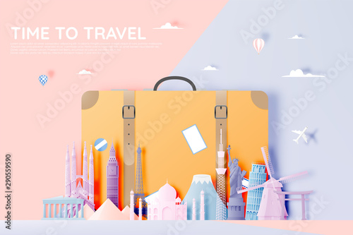 Various travel attractions in paper art style