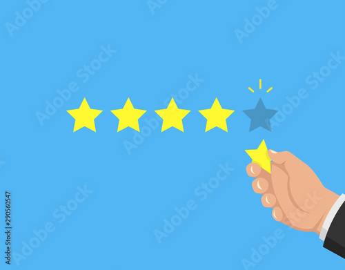 Hand pointing at one of five stars. Rating, evaluation, success, feedback, review, quality and management concept. Vector illustration.