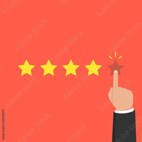 Hand pointing at one of five stars. Rating, evaluation, success, feedback, review, quality and management concept. Vector illustration.