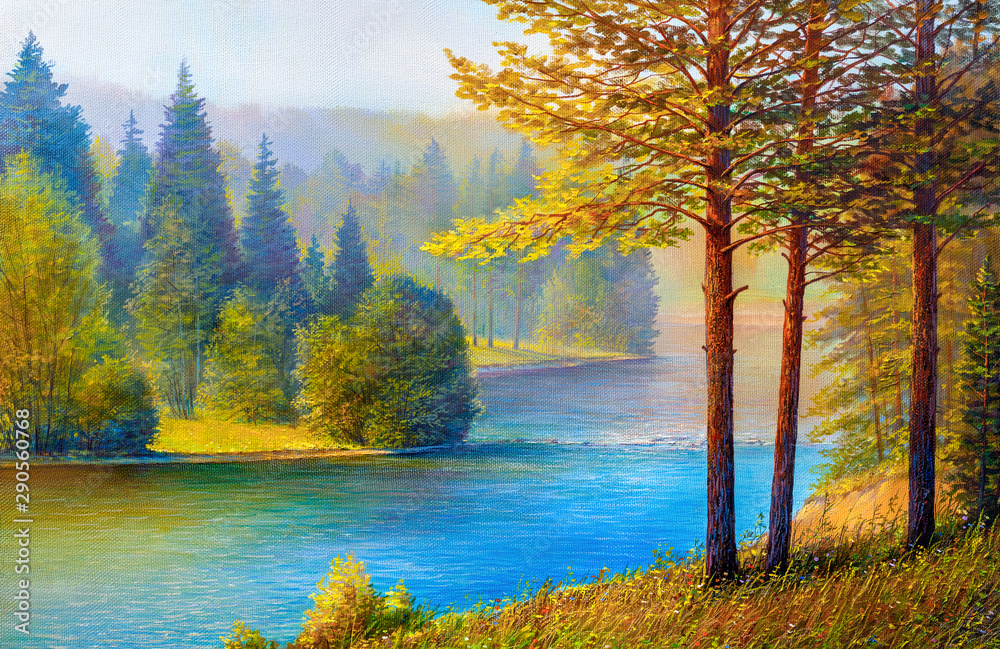 Morning landscape with pines and river. - obrazy, fototapety, plakaty 