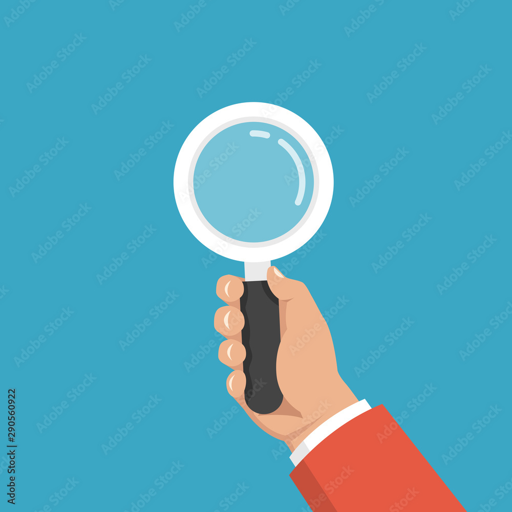 Hand holding a magnifying glass. Audit, analysis, inspection concepts. Flat cartoon style. Vector illustration. Hand holding a magnifying glass. Audit, analysis, inspection concepts. Flat cartoon style. Vector illustration.