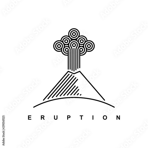 Mountain logo with linear style.Nature disaster eruption with smoke and clouds in the sky