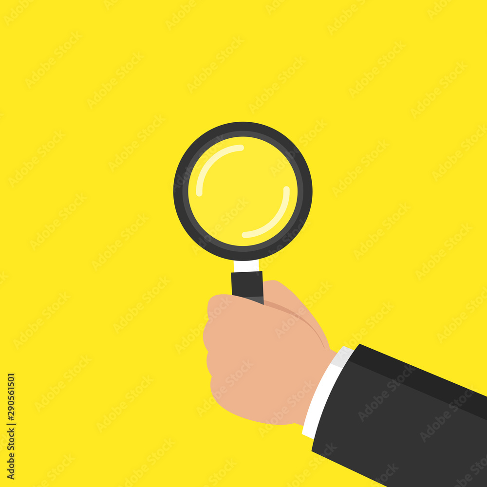 Hand holding a magnifying glass. Audit, analysis, inspection concepts. Flat cartoon style. Vector illustration. Hand holding a magnifying glass. Audit, analysis, inspection concepts. Flat cartoon style. Vector illustration.