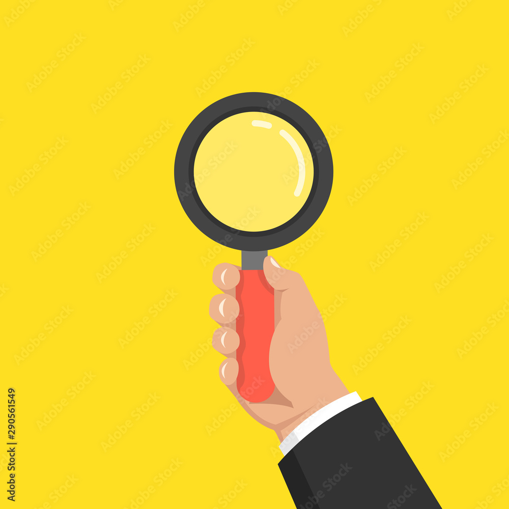 Hand holding a magnifying glass. Audit, analysis, inspection concepts. Flat cartoon style. Vector illustration. Hand holding a magnifying glass. Audit, analysis, inspection concepts. Flat cartoon style. Vector illustration.