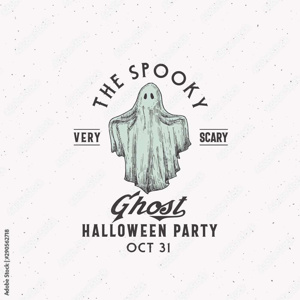 © createvil - Spooky Ghost Party Halloween Logo or Label Template. Hand Drawn Colorful Ghost Sketch Symbol with Retro Typography. Shabby Textures.