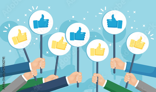 Group of business people with thumbs up. Social media. Good opinion. Testimonials, feedback, customer review concept. Vector flat design