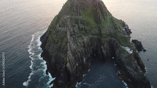 Skellig Michael at sunset, high angle aerial