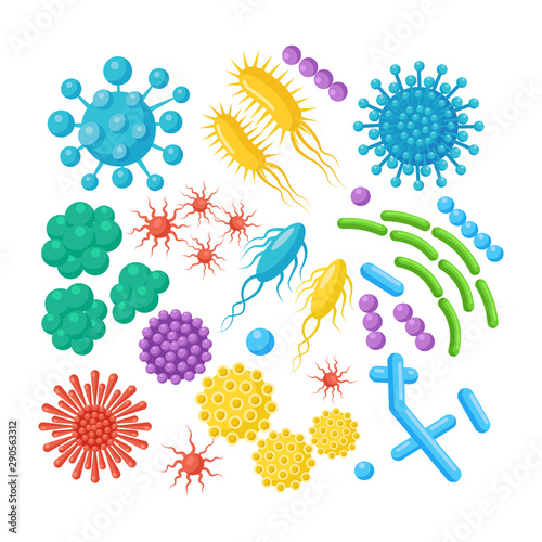 Set of bacteria, microbes, virus, germs. Disease-causing object isolated on background. Bacterial microorganisms, probiotic cells. Vector cartoon design.