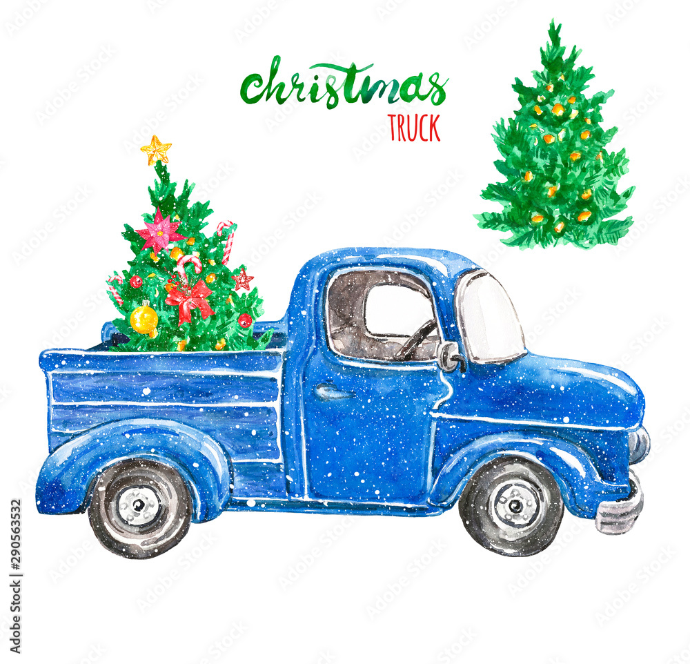 Watercolor hand drawn Christmas truck and festive fir tree with