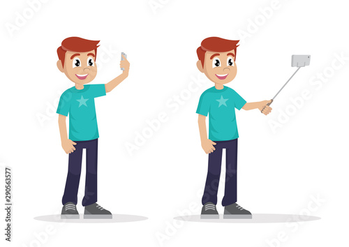 Selfie. Young man standing and make a self portrait with mobile phone camera.