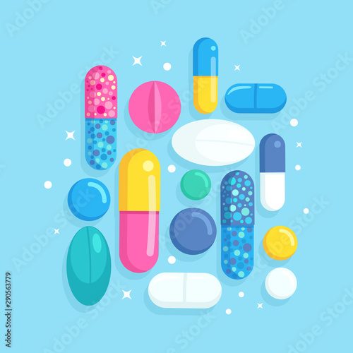 Set of pills, medicine, drugs. Painkiller tablet, vitamine, pharmaceutical antibiotics. Healthcare concept. Vector cartoon design