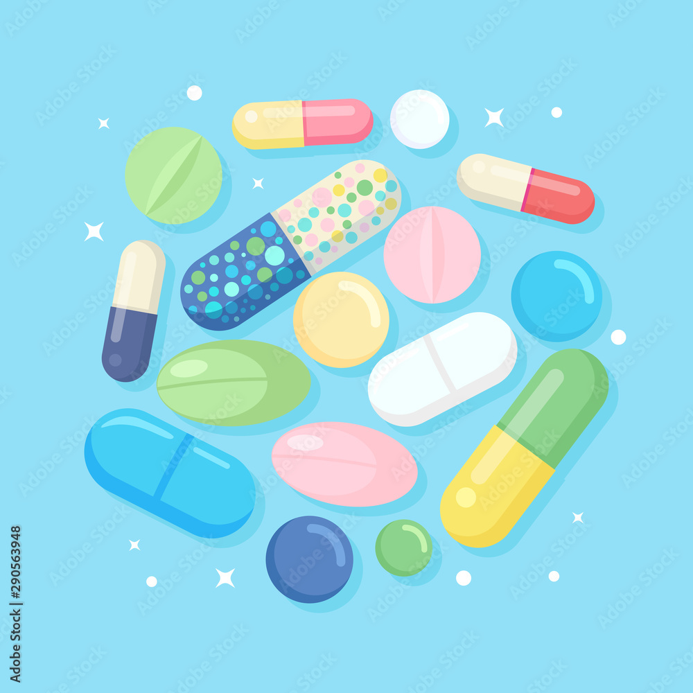 Set of pills, medicine, drugs. Painkiller Tablet, vitamine, pharmaceutical antibiotics. Medical background. Vector cartoon design Set of pills, medicine, drugs. Painkiller Tablet, vitamine, pharmaceutical antibiotics. Medical background. Vector cartoon design