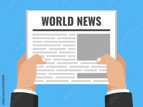 Hands holding newspaper. Daily business news gazette concept. Paper media tabloid concept. Flat cartoon style. Vector illustration.