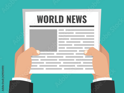 Hands holding newspaper. Daily business news gazette concept. Paper media tabloid concept. Flat cartoon style. Vector illustration.