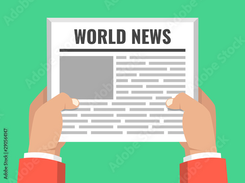 Hands holding newspaper. Daily business news gazette concept. Paper media tabloid concept. Flat cartoon style. Vector illustration.