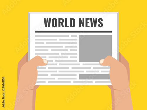 Hands holding newspaper. Daily business news gazette concept. Paper media tabloid concept. Flat cartoon style. Vector illustration.