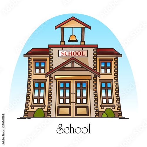 Facade of school building with bell or college