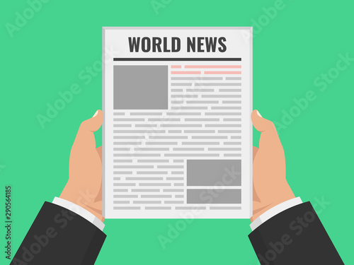 Hands holding newspaper. Daily business news gazette concept. Paper media tabloid concept. Flat cartoon style. Vector illustration.