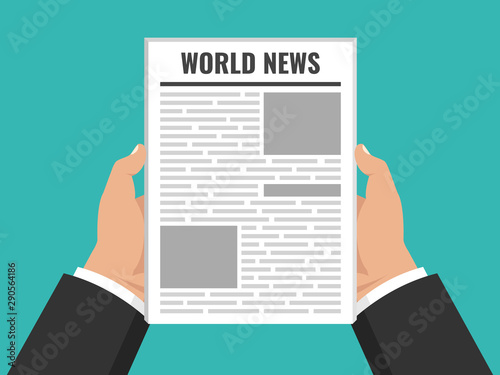 Hands holding newspaper. Daily business news gazette concept. Paper media tabloid concept. Flat cartoon style. Vector illustration.