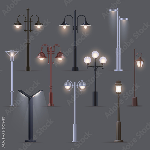 Set of isolated modern street light, old, lantern