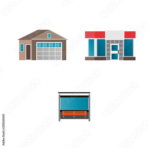 Buildings in the city. Shop, garage, bus stop. Vector illustration
