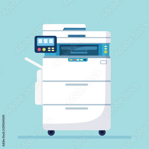Printer, office machine. Scanner, copy, fax equipment. Multifunction device. Paperwork concept. Vector cartoon design
