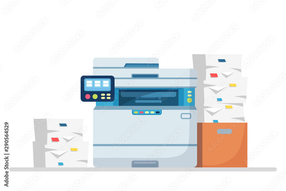 Printer, office machine with paper, document stack. Scanner, copy equipment. Multifunction device. Paperwork with carton, cardboard box. Vector cartoon design Printer, office machine with paper, document stack. Scanner, copy equipment. Multifunction device. Paperwork with carton, cardboard box. Vector cartoon design