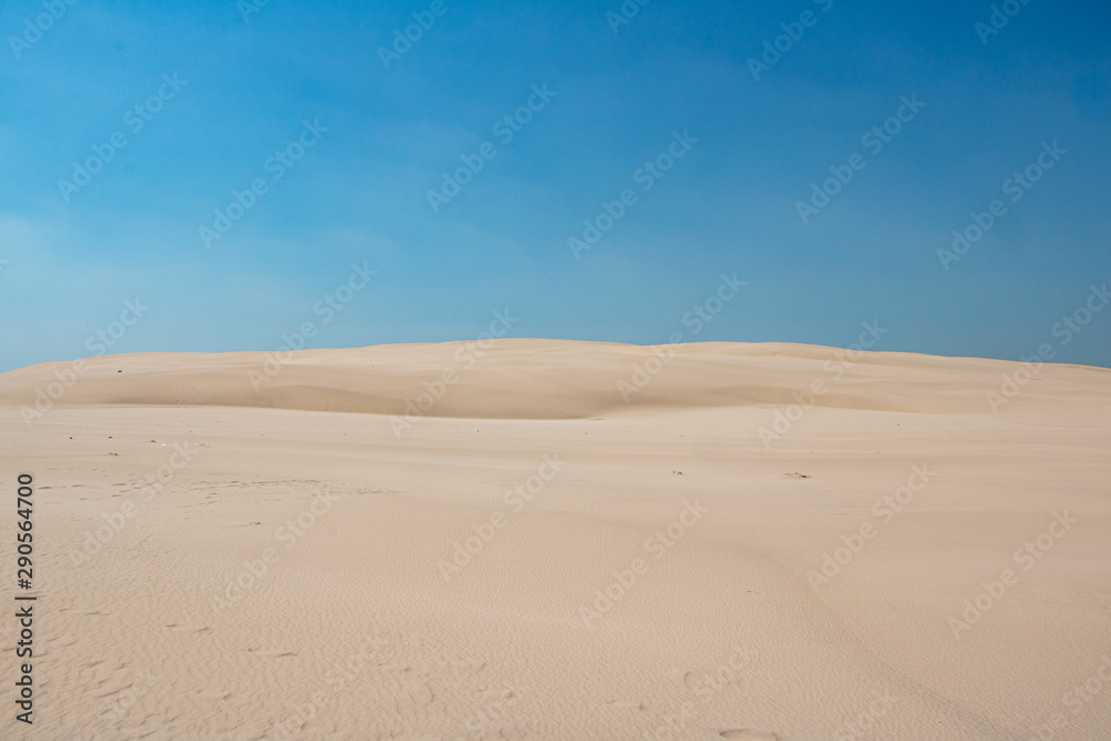 White sand dunes on a sunny day with bright blue sky  in Slowinski National Park in Leba in Plonad