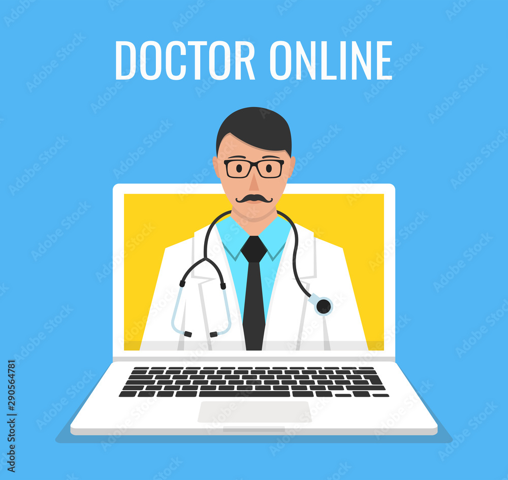 Online doctor man character look out laptop. Online medical consultation concept. Vector illustration. Online doctor man character look out laptop. Online medical consultation concept. Vector illustration.