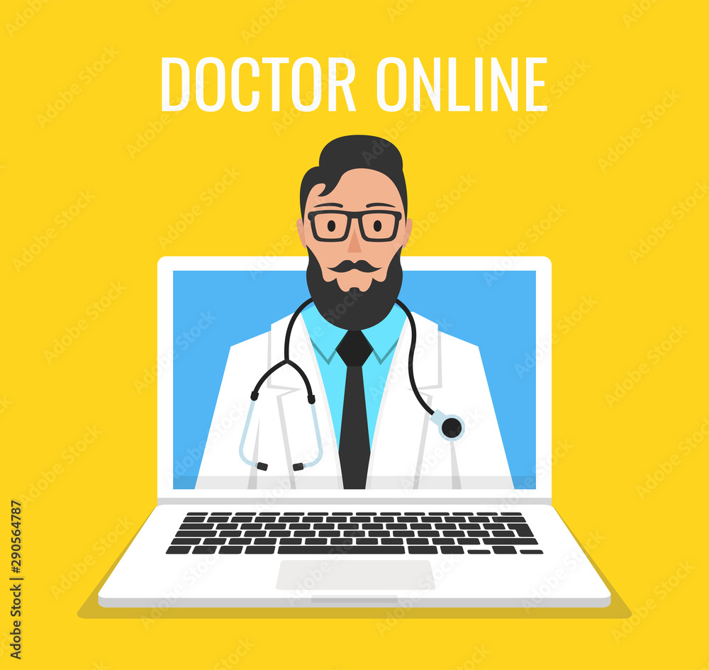 Online doctor man character look out laptop. Online medical consultation concept. Vector illustration. Online doctor man character look out laptop. Online medical consultation concept. Vector illustration.