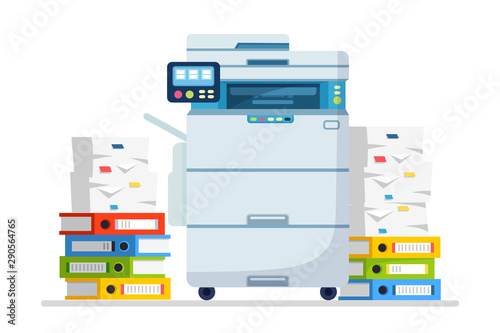 Printer, office machine with paper, document stack. Scanner, copy equipment. Paperwork. Multifunction device. Vector cartoon design