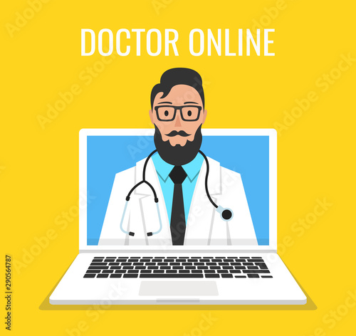 Online doctor man character look out laptop. Online medical consultation concept. Vector illustration.