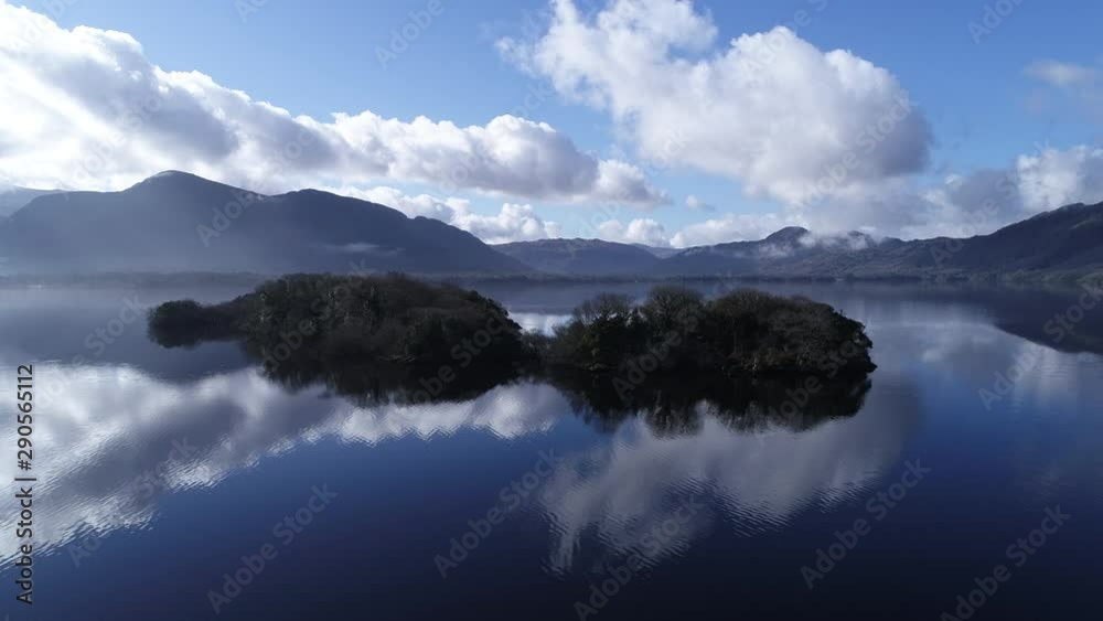 Calm lake in Ireland, wide aerial Calm lake in Ireland, wide aerial