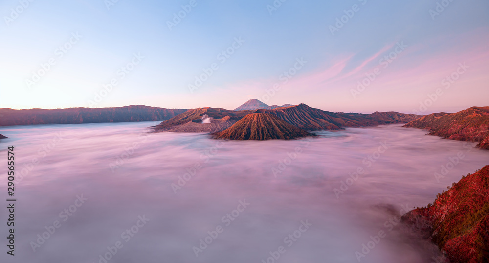 Beautiful landscape with Mount Bromo volcano viewpoint in Bromo Tengger Semeru National Park at sunrise, Indonesia.
