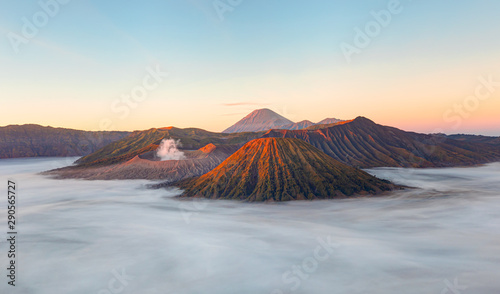Beautiful landscape with Mount Bromo volcano viewpoint in Bromo Tengger Semeru National Park at sunrise  Indonesia.