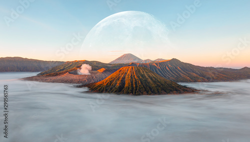 Beautiful landscape with Mount Bromo volcano viewpoint in Bromo Tengger Semeru National Park at sunrise, Indonesia. "Elements of this image furnished by NASA