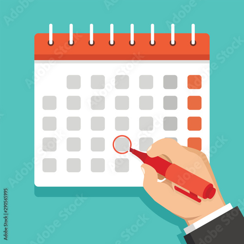 Calendar on the wall and hand marking one day on it. Vector illustration