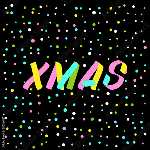 Xmas brush sign lettering. Celebration card design elements on black background with confetti. Holiday lettering templates for greeting cards, overlays, posters