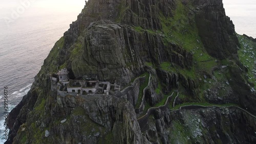 Tilt up aerial, ruins on Skellig Michael
