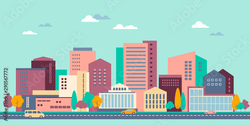 Urban landscape with building in flat style. Modern city  running cars on road  trees  colorful house  cloudy sky