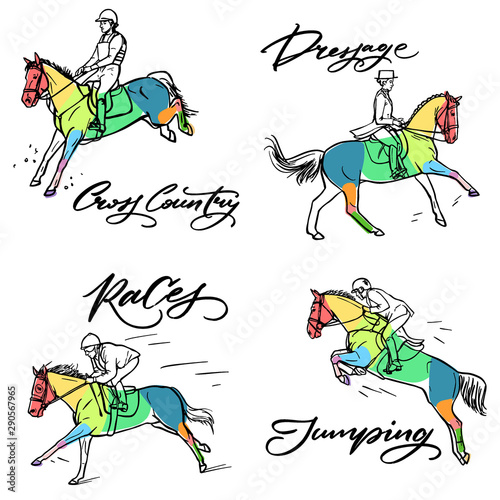 Нand drawn colorful graphic: horse riding. Equestrian sport like races, dressage, jumping and cross country illustration for your design