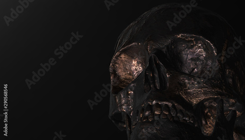 Silver human skull with dark background. Death, horror, anatomy and halloween symbol. 3d rendering, 3d illustration