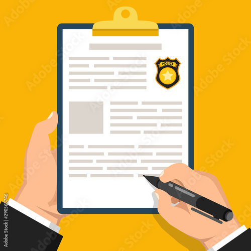 Hand holding clipboard with completed form for police report. Traffic, parking fine, citation, crime report, problems with police, subpoena concepts. Flat vector illustration.