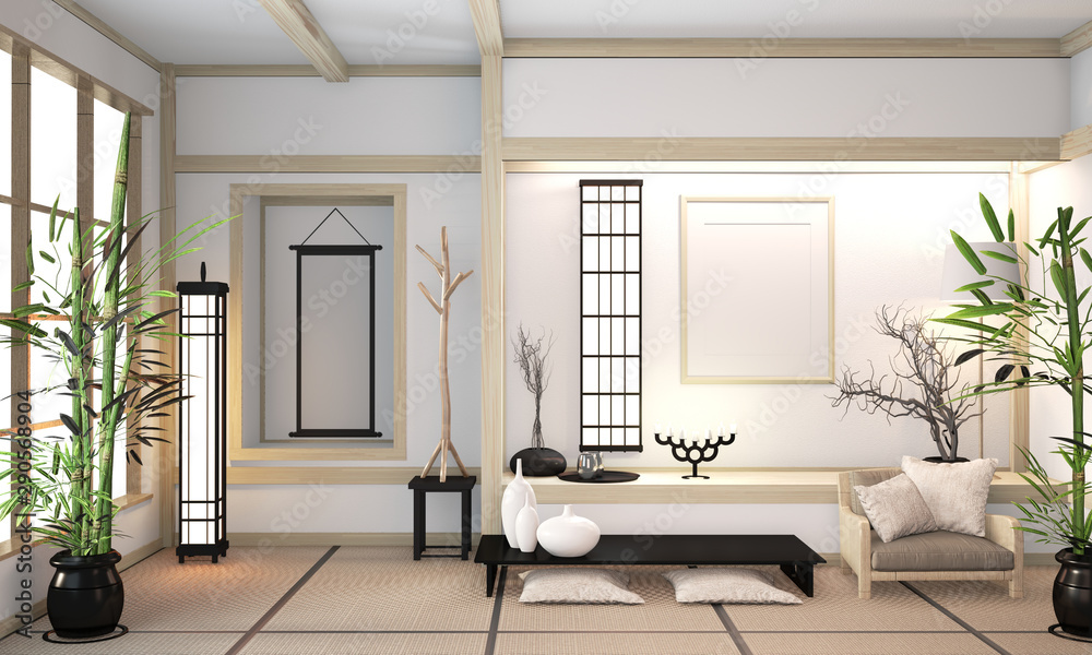 Modern zen mix orininal zen style wooden room interior with tatami mat and  design wooden wall minimal japanese style.3D rendering Stock Illustration |  Adobe Stock