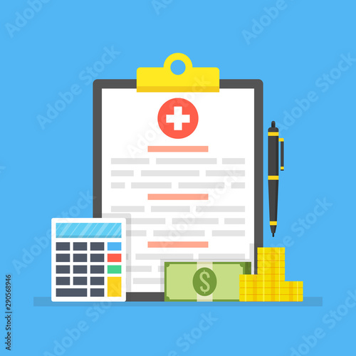 Medical insurance, medical care concept. Medical clipboard. Vector illustration.