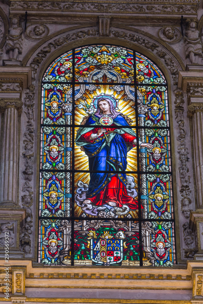 Detail of stained glass window of the cathedral mosque of Cordoba, Spain