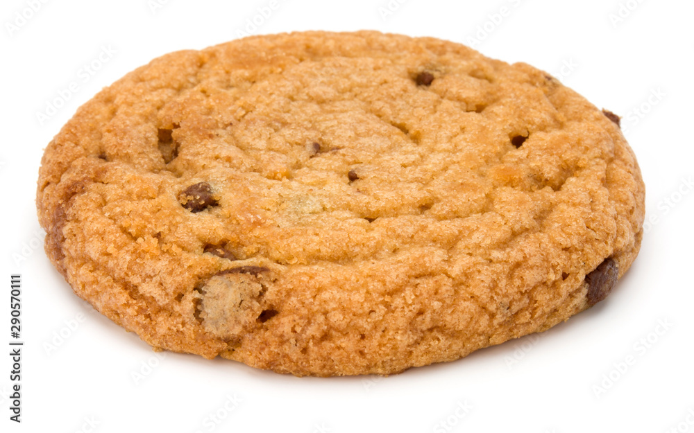 One Chocolate chip cookie isolated on white background. Sweet biscuit. Homemade pastry.